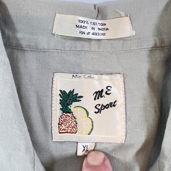 Button Shirt M.E. Sport Men's XL Tan w/ Slate Blue Floral Print Collared Cotton - Picture 2 of 9